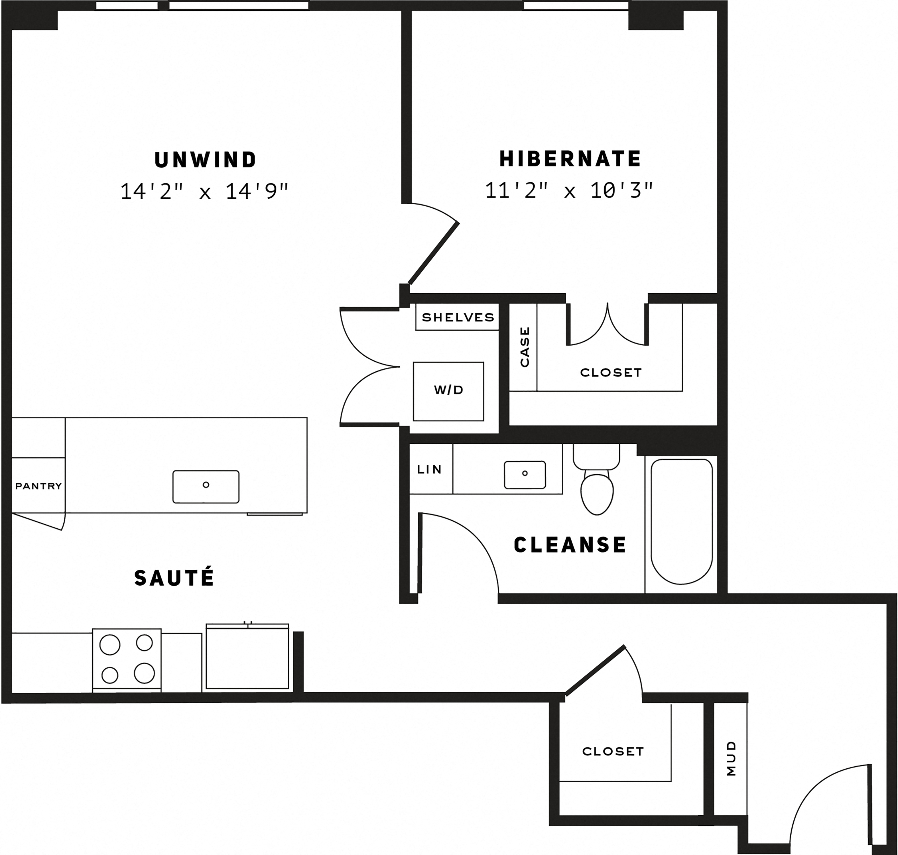Floor plan for 1 bed, 1 bath, 768 sqft